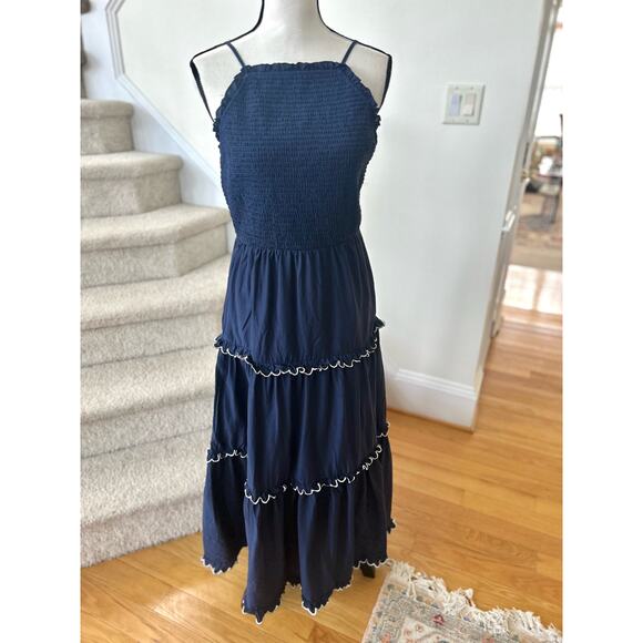 Ann Taylor Navy & White Scalloped Tiered Hem Midi Dress - Picture 2 of 6